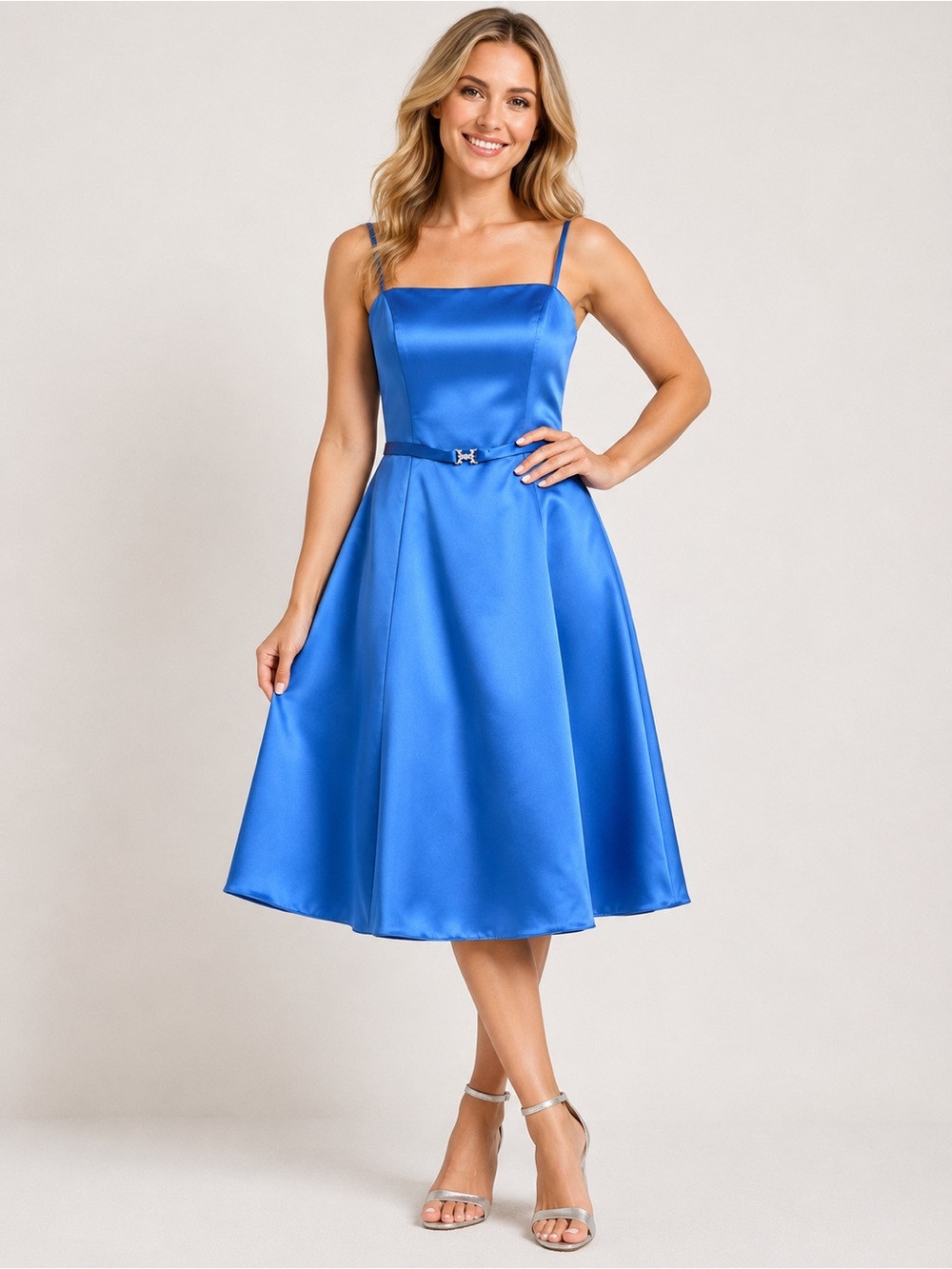 Michelangelo Blue Satin Spaghetti Strap Fit & Flare Dress Size 6